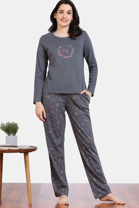 Zivame Shades of Joy Knit Cotton Pyjama Set - Iron Gate — image 2